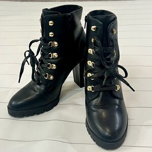 Express Lace Up Boots Black Lug Sole High Heel Women's Size 10 Gold Hardware